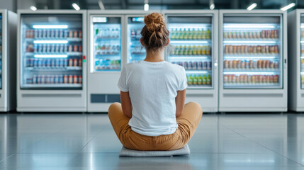 Young woman sitting crosslegged floor front of refrigerated vending machines, contemplative mood