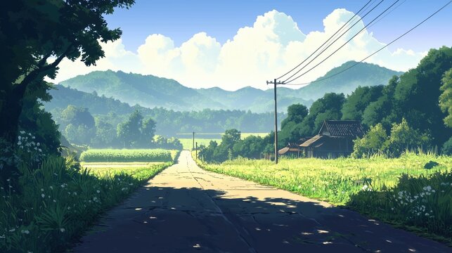 Anime style landscape of a rural road leading through green fields and misty mountains under a bright blue sky with white clouds.