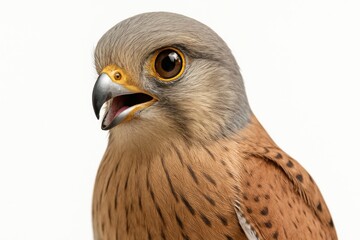 Fototapeta premium Kestrel falcon closeup head and chest portrait on white background beak slightly open and sharp eye catchlight for raptor wildlife themes