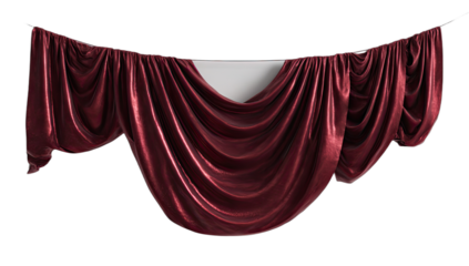 Rich, draped crimson fabric hangs, detailed folds, on a dark backdrop