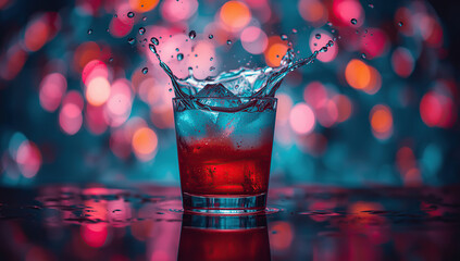 Dynamic close-up shot of ice cubes falling into a glass filled with red liquid, creating a refreshing splash effect. The scene is set against a festive, blurred, multicolored background