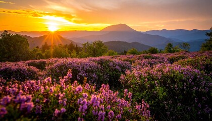 Golden sunset lights up a vibrant field of purple wildflowers with forested hills and distant mountain peaks.