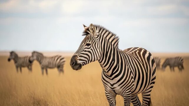 A plains zebra turns its head in a sequence of three movements on the african savanna. A large herd grazes in the golden grasslands for a panoramic nature or travel banner