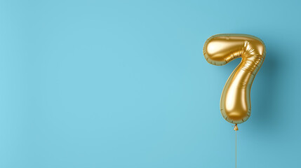 Golden number seven balloon perfect for birthday party invitations, celebratory designs, anniversary celebrations, milestone events, and fun decorations.