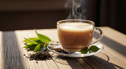 Warm Milk Tea with Fresh Leaves on Rustic Wooden Table