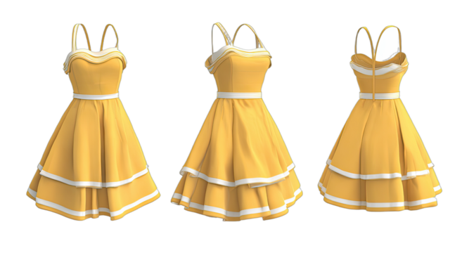 Rendered images of a yellow sundress with white trim, viewed from multiple angles