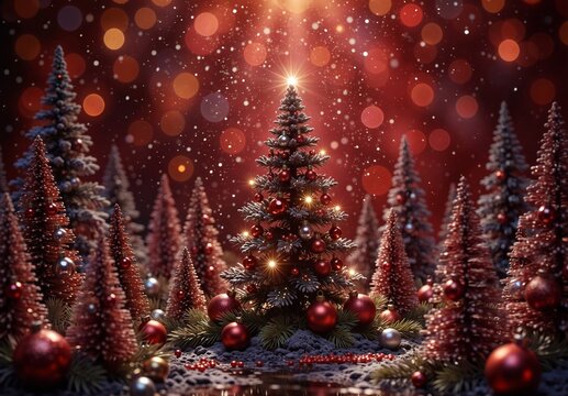 festive christmas scene with a decorated tree and falling snow in a magical forest setting.