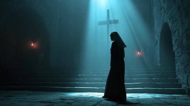 Silhouette of a Nun Walking in a Dark Stone Monastery with Cross and Candlelight, Religious Mystery and Faith Concept