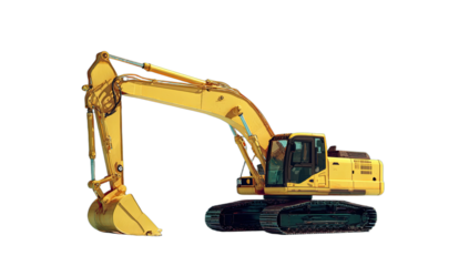 A yellow construction excavator with a large bucket sits ready for work