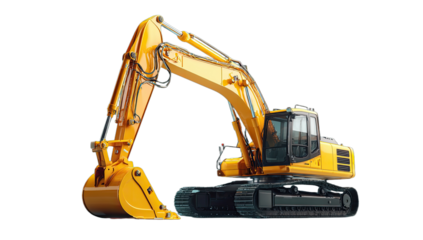 Bright yellow excavator with large bucket, heavy machinery for construction