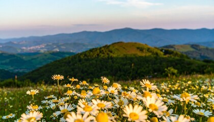 Peaceful daisy field in full bloom with forested hills and distant mountains under a soft sunrise sky.