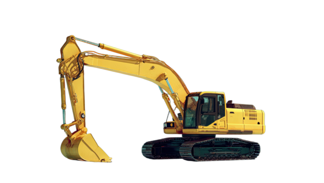 A yellow construction excavator with a large bucket sits ready for work