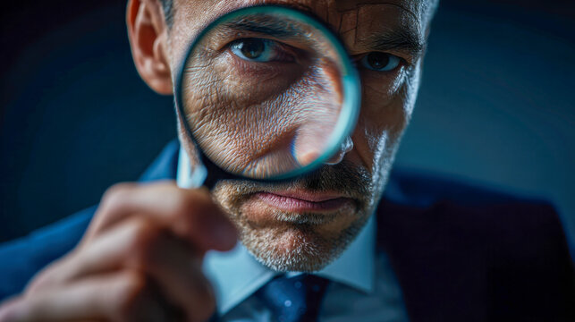 Mature man in suit examining details intensely through magnifying glass highlighting facial wrinkles and concentrated expression against dark background