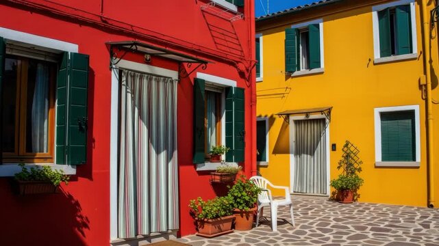 Picturesque alley with colorful buildings on the island of burano venice. Traditional italian architecture with vibrant facades and a stone patio for travel and tourism concepts
