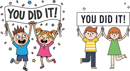 Cartoon children celebrating achievement, motivational banner illustration, joyful success moment, congratulatory message art, happy kids with signs, festive encouragement scene