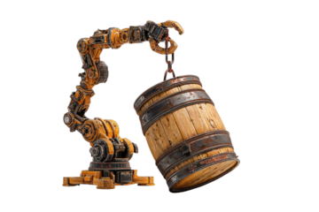 An orange robotic arm lifts a wooden barrel with metal bands