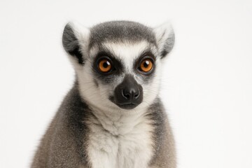 Naklejka premium Lemur closeup head and shoulders portrait on white background calm expression with dark facial mask for primate wildlife and nature themes