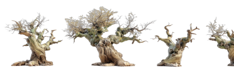 Four gnarled, ancient trees stand against a black background