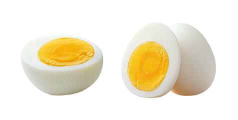 Two whole eggs and one halved hard-boiled egg with bright yellow yolks