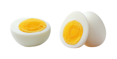 Two whole eggs and one halved hard-boiled egg with bright yellow yolks