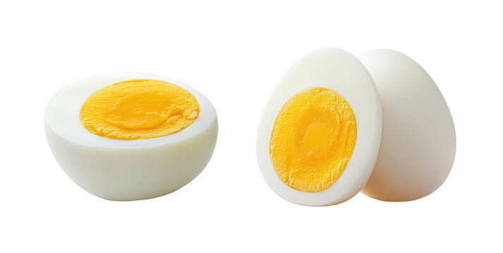 Two whole eggs and one halved hard-boiled egg with bright yellow yolks