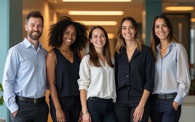 Diverse business professionals standing together smiling confidently. High quality