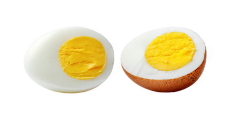 Two halves of a hard-boiled egg, one whole, one sliced