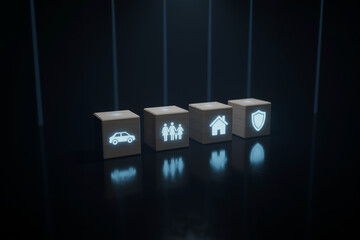 Four wooden blocks with insurance symbols suitable for insurance blog posts, financial presentations, business websites, or promotional materials for insurance companies.
