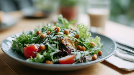 Vibrant fresh mixed green salad with red cherry tomatoes roasted chickpeas and creamy dressing Gray