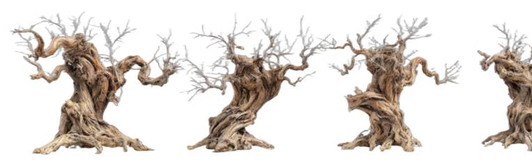Four gnarled, leafless trees against a black background. Their trunks are twisted and textured