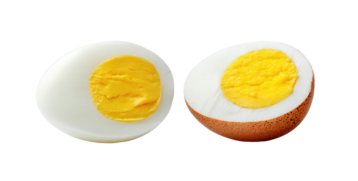 Two halves of a hard-boiled egg, one whole, one sliced