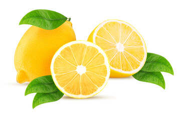 Ripe lemon and two slice cut in half with leaf