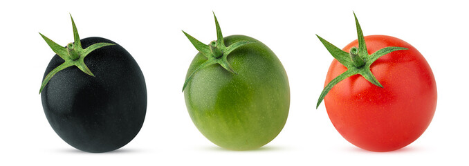 Fresh red green and black tomato with green leaves