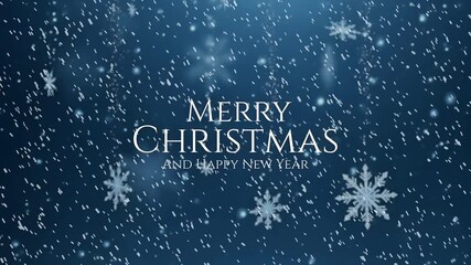 4K VIDEO - Merry christmas and happy new year greeting card banner with falling snow and elegant snowflakes on a festive blue winter background, seasonal celebration - Powered by Adobe
