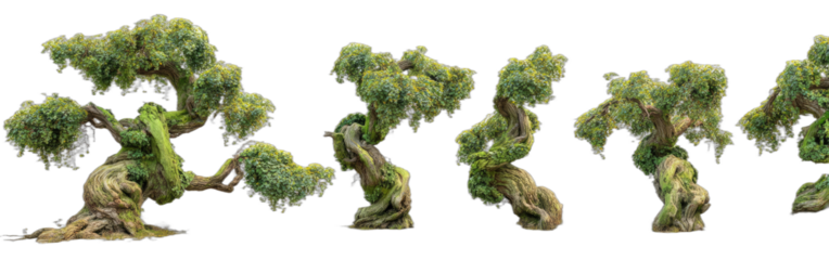 Digitally rendered row of stylized trees with lush foliage and gnarled, textured trunks