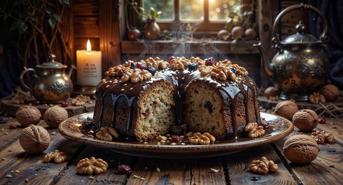 delicious homemade cake with chocolate glaze and walnuts served on rustic wooden table with vintage decor.