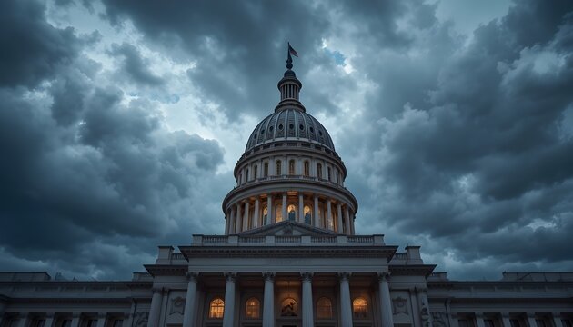 Flag on Building / Monument (No Landmarks)

&ldquo;American flag on a generic government-style building, dramatic lighting, cloudy sky, patriotic mood, high-resolution photo, no identifiable landmarks.&rdquo;