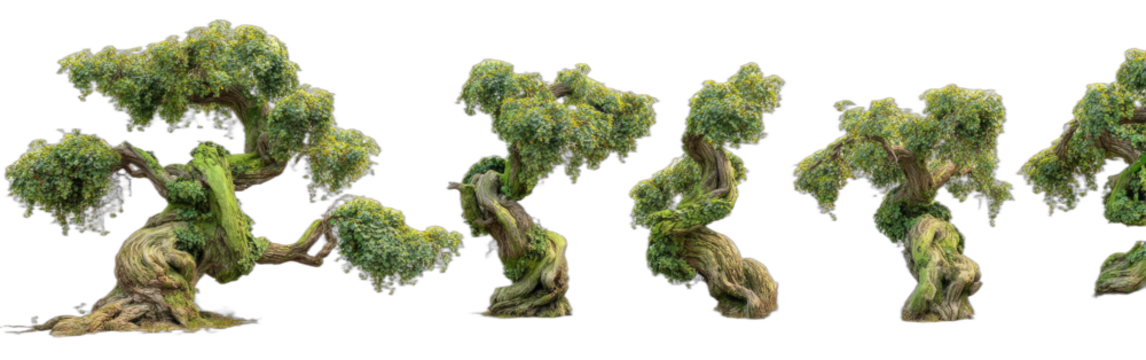 Digitally rendered row of stylized trees with lush foliage and gnarled, textured trunks