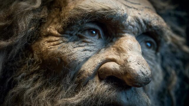 Close-up of Neanderthal Face Sculpture with Wrinkles and Fur, Prehistoric Human Ancestor, Ancient History, and Evolutionary Biology