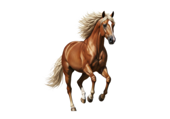 Majestic palomino horse gallops with grace, its flowing mane catching the wind, perfect for equestrian themes or adding a touch of wild beauty to designs