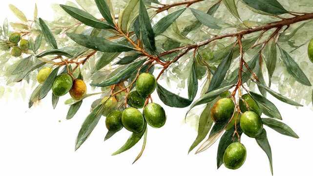 Watercolor Painting of Olive Branch with Green Olives and Leaves, Isolated on White Background, Botanical Illustration