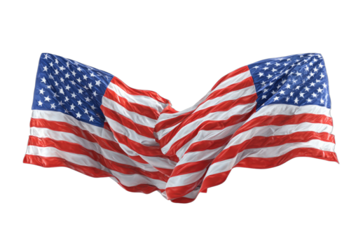 Two American flags drape and curve together, creating a flowing, patriotic display - Powered by Adobe