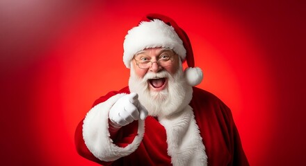 Portrait of a jolly Santa Claus in a red suit, laughing heartily and pointing forward against a festive red background.