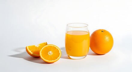 Glass of orange juice with oranges isolated on white background