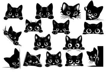 black peeking cat icon set