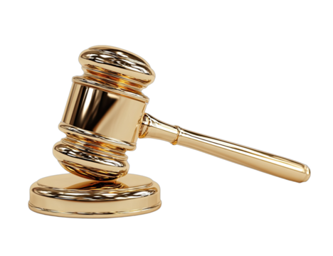 Shiny golden gavel rests on its base, isolated on black - Powered by Adobe