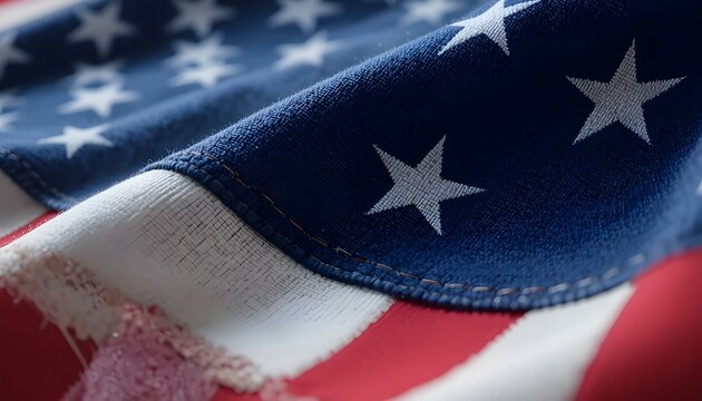 “Macro close-up of American flag fabric, detailed stitching, soft natural light, shallow depth of field, textured cloth folds.”