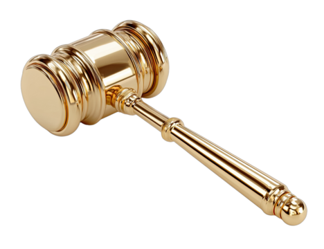 A shiny, polished golden gavel, isolated on a transparent background