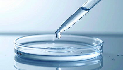 Laboratory Precision: A close-up shot captures the meticulous work in a science lab, with a glass pipette dispensing a single, shimmering drop into a petri dish.