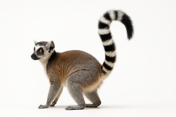 Naklejka premium Lemur rear three quarter standing view on white background body angled left with long banded tail arcing upward for primate nature and jungle themes
